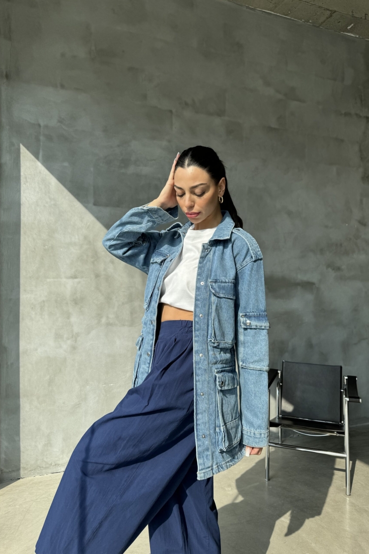 Multi-Pocket Denim Jacket - Blue - Cream Rouge - Globality Store - Women Clothes Wholesale Turkey