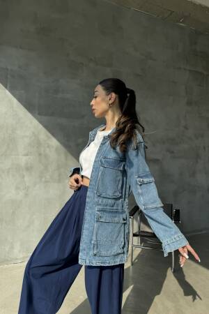 Multi-Pocket Denim Jacket - Blue - Cream Rouge - Globality Store - Women Clothes Wholesale Turkey