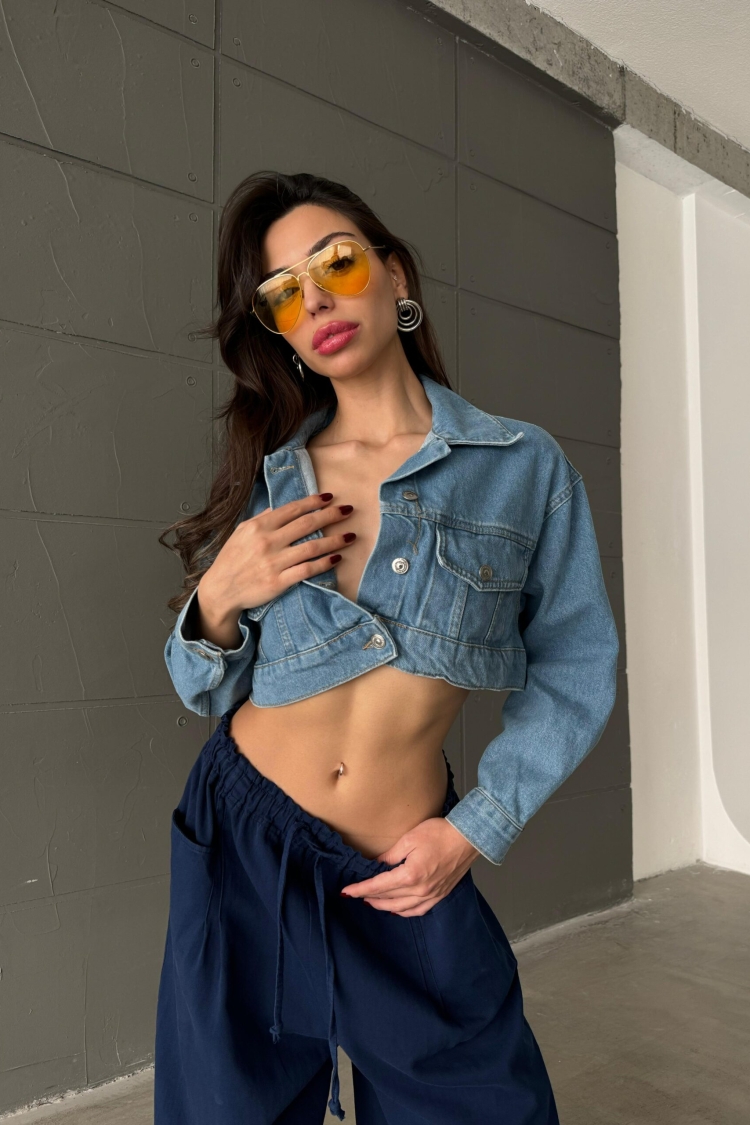 Crop Denim Jacket - Blue - Cream Rouge - Globality Store - Women Clothes Wholesale Turkey