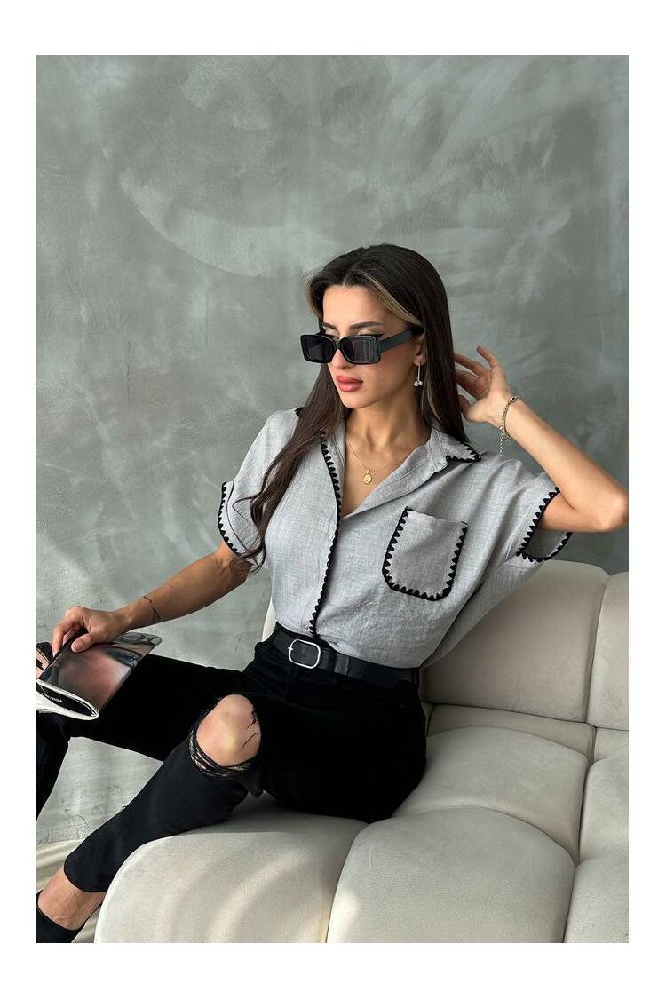 Gray Shepherd Stitched Linen Shirt - Brand: Topshow - Women's Clothing Wholesale - Globality Store