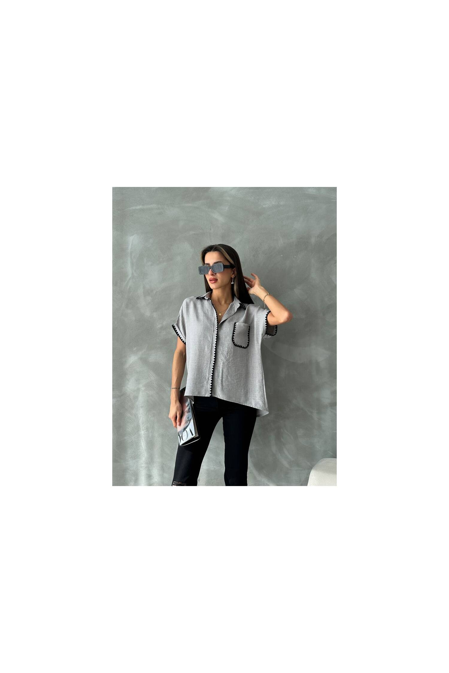 Gray Shepherd Stitched Linen Shirt - Brand: Topshow - Women's Clothing Wholesale - Globality Store