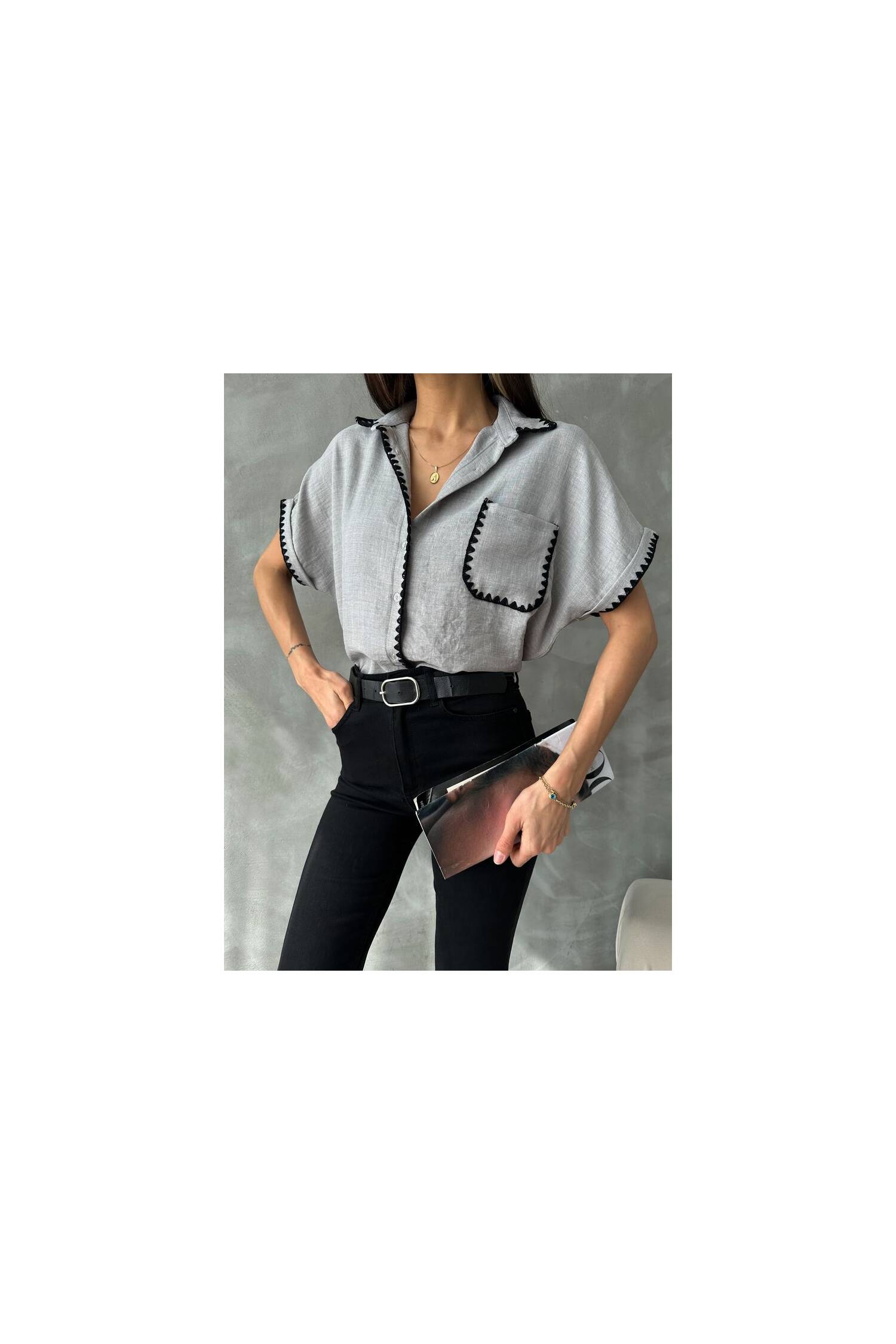 Gray Shepherd Stitched Linen Shirt - Brand: Topshow - Women's Clothing Wholesale - Globality Store