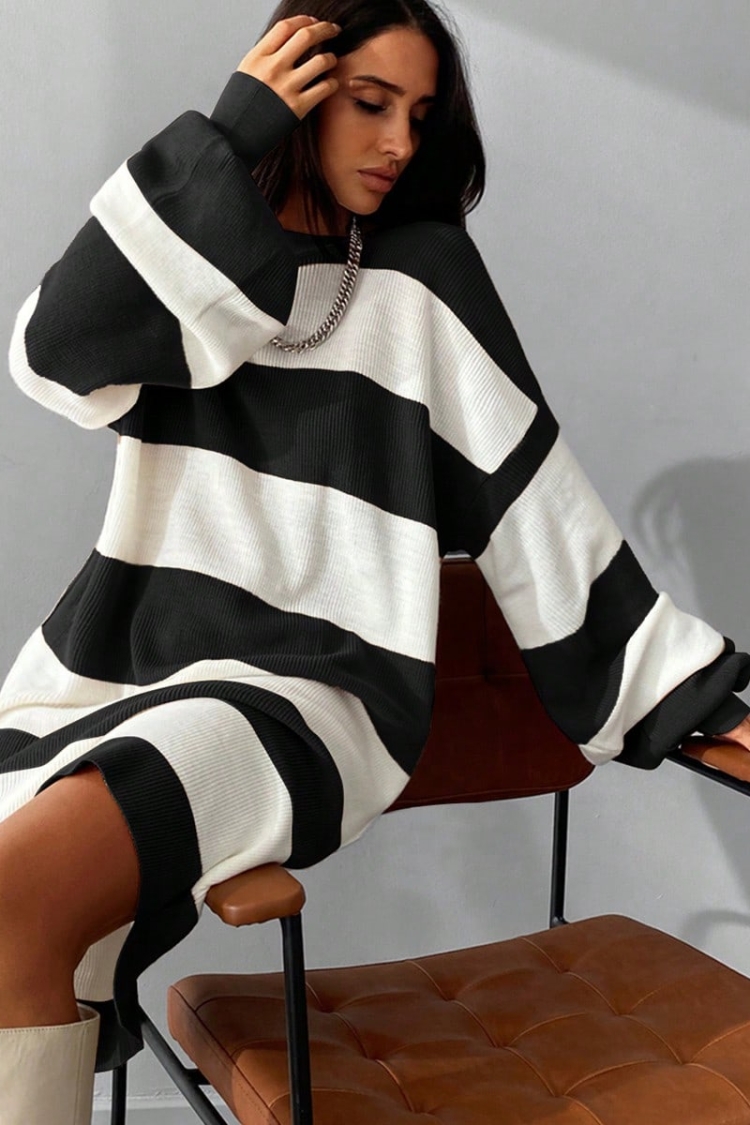 Striped Balloon Sleeve Dress - My Fashion - Globality Store - Women Clothes Wholesale Turkey