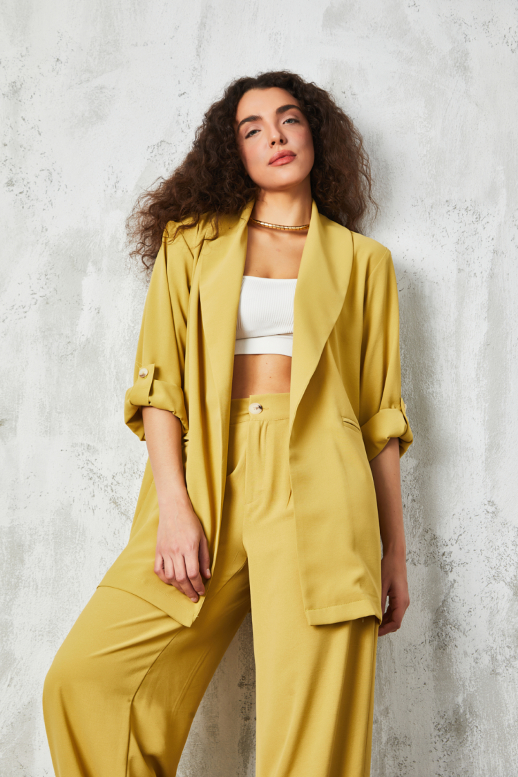 Oil Green Shawl Collar Unlined Jacket - First Angels - Globality Store - Women Clothes Wholesale Turkey