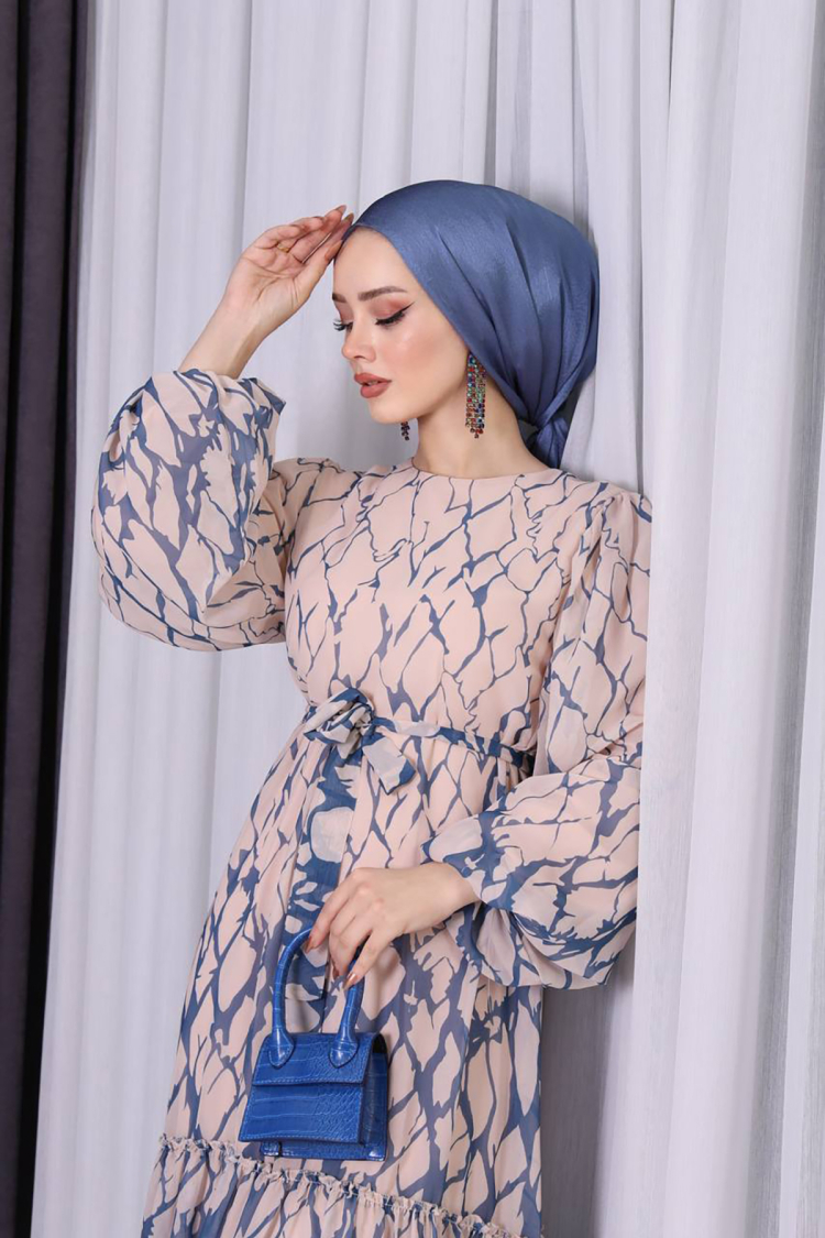 Chiffon Skirt Frilly Patterned Hijab Dress - Mode Roy - Globality Store - Women Clothes Wholesale Turkey