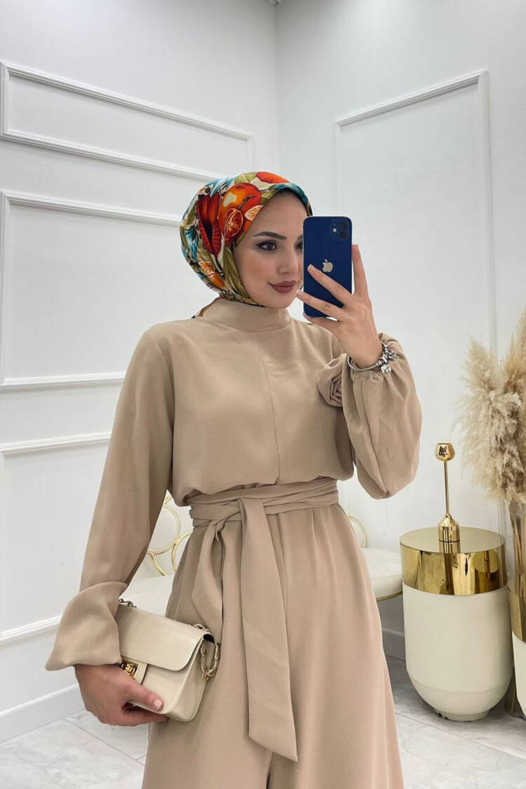 Belted Rose Detailed Casual Jumpsuit - Beige - Mode Roy - Globality Store - Women Clothes Wholesale Turkey