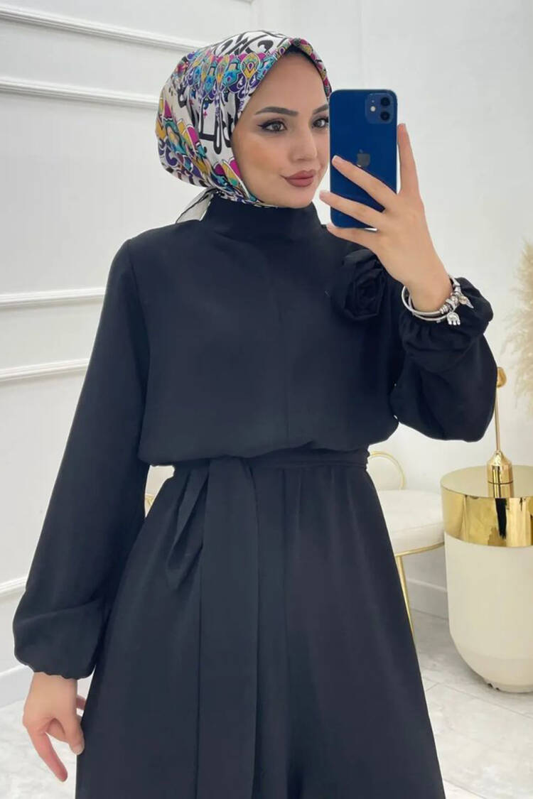 Crepe Belted Rose Detailed Casual Jumpsuit - Black - Mode Roy - Globality Store - Women Clothes Wholesale Turkey