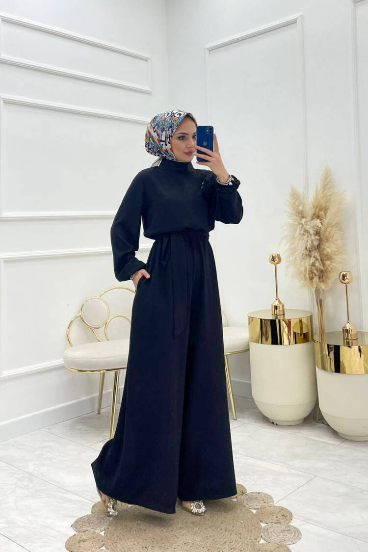 Crepe Belted Rose Detailed Casual Jumpsuit - Black
