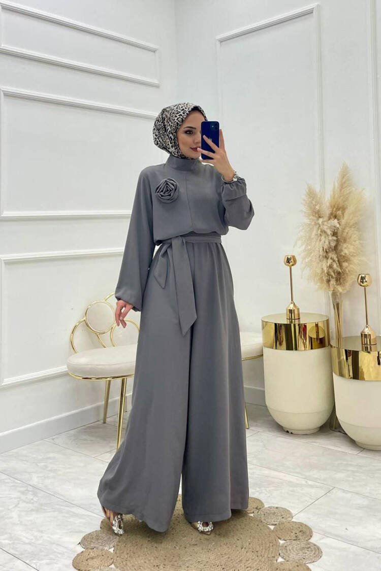 Belted Rose Detailed Casual Jumpsuit - Gray - Mode Roy - Globality Store - Women Clothes Wholesale Turkey