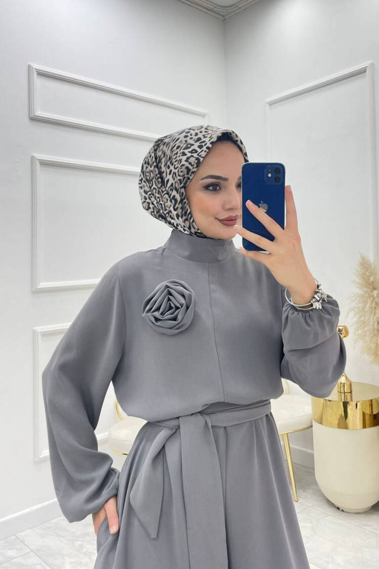 Belted Rose Detailed Casual Jumpsuit - Gray