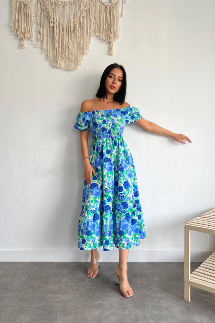 Poplin Patterned Square Neck Gype Dress - Mode Roy - Globality Store - Women Clothes Wholesale Turkey