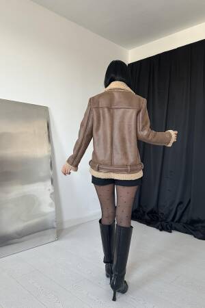 Fur Jacket With Epaulettes - Tan - Elisa - Globality Store - Women Clothes Wholesale Turkey