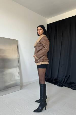 Fur Jacket With Epaulettes - Tan - Elisa - Globality Store - Women Clothes Wholesale Turkey
