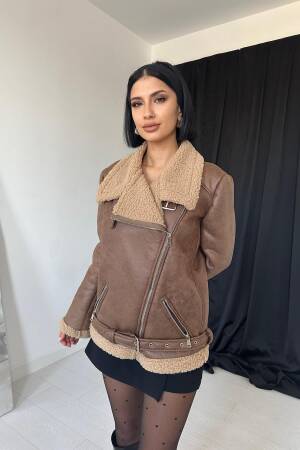 Fur Jacket With Epaulettes - Tan - Elisa - Globality Store - Women Clothes Wholesale Turkey