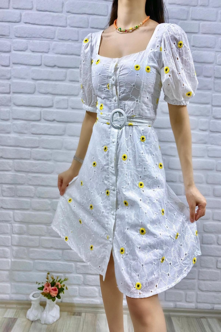 Belted Square Neck Dress - Yellow & - Elisa - Globality Store - Women Clothes Wholesale Turkey
