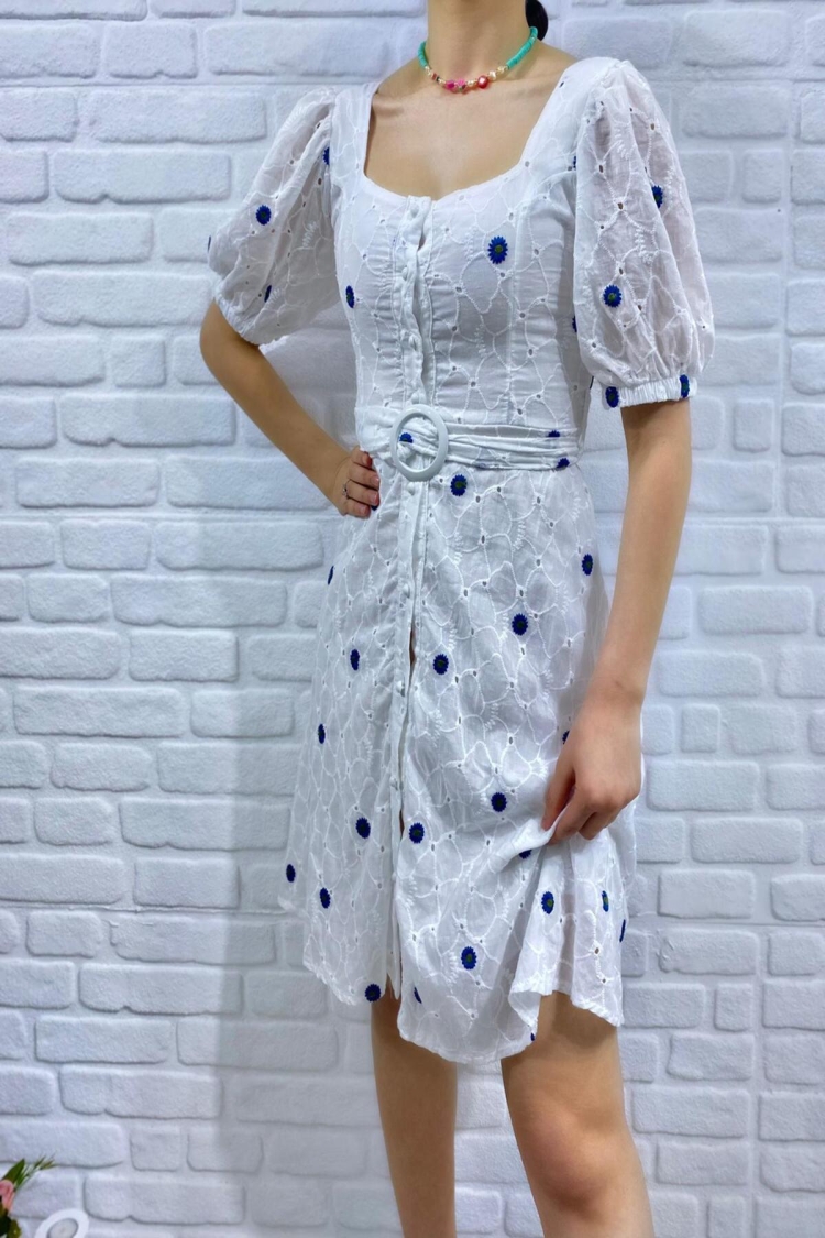 Belted Square Neck Dress - Blue & - Elisa - Globality Store - Women Clothes Wholesale Turkey