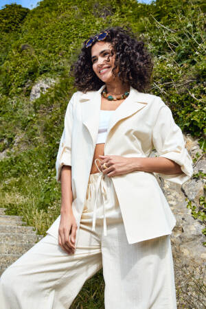Natur Wide Cut Linen Jacket - First Angels - Globality Store - Women Clothes Wholesale Turkey
