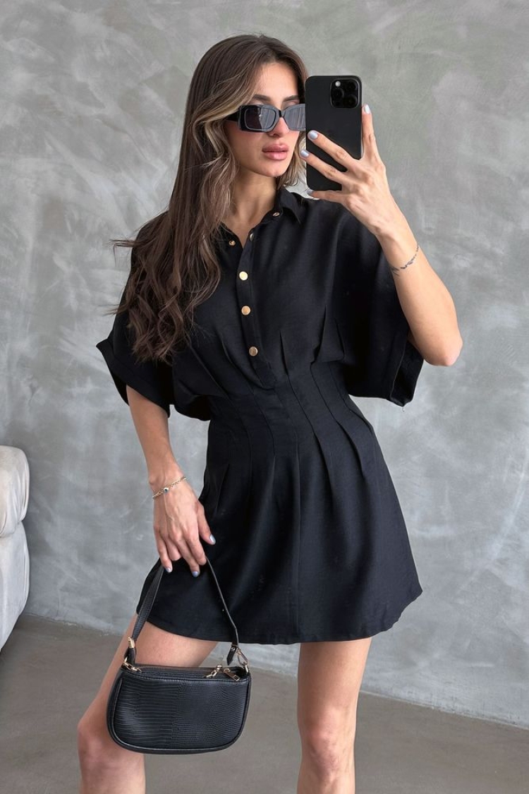 Short Linen Dress - Topshow - Globality Store - Women Clothes Wholesale Turkey