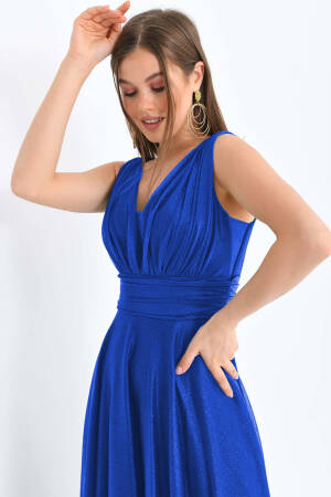 Blue V-neck Glitter Tulle Evening Dress - Saks - Mode Roy - Globality Store - Women Clothes Wholesale Turkey
