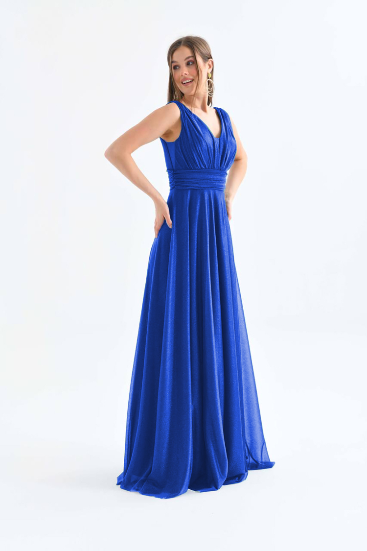 Blue V-neck Glitter Tulle Evening Dress - Saks - Mode Roy - Globality Store - Women Clothes Wholesale Turkey