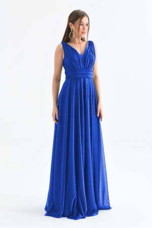 Blue V-neck Glitter Tulle Evening Dress - Saks - Mode Roy - Globality Store - Women Clothes Wholesale Turkey