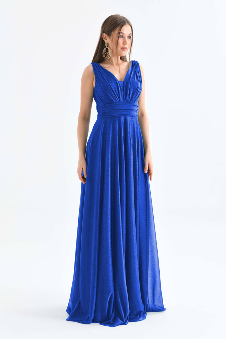 Blue V-neck Glitter Tulle Evening Dress - Saks
