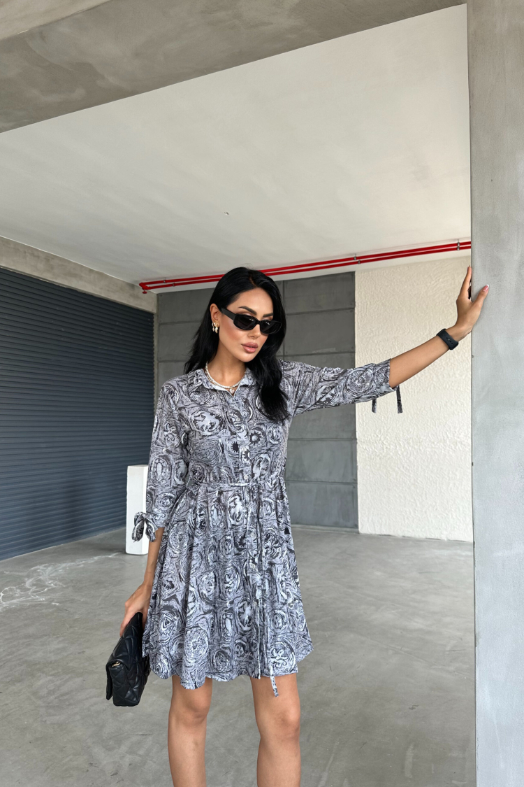Shawl Pattern Shirt Collar Lace Detailed Buttoned Dress