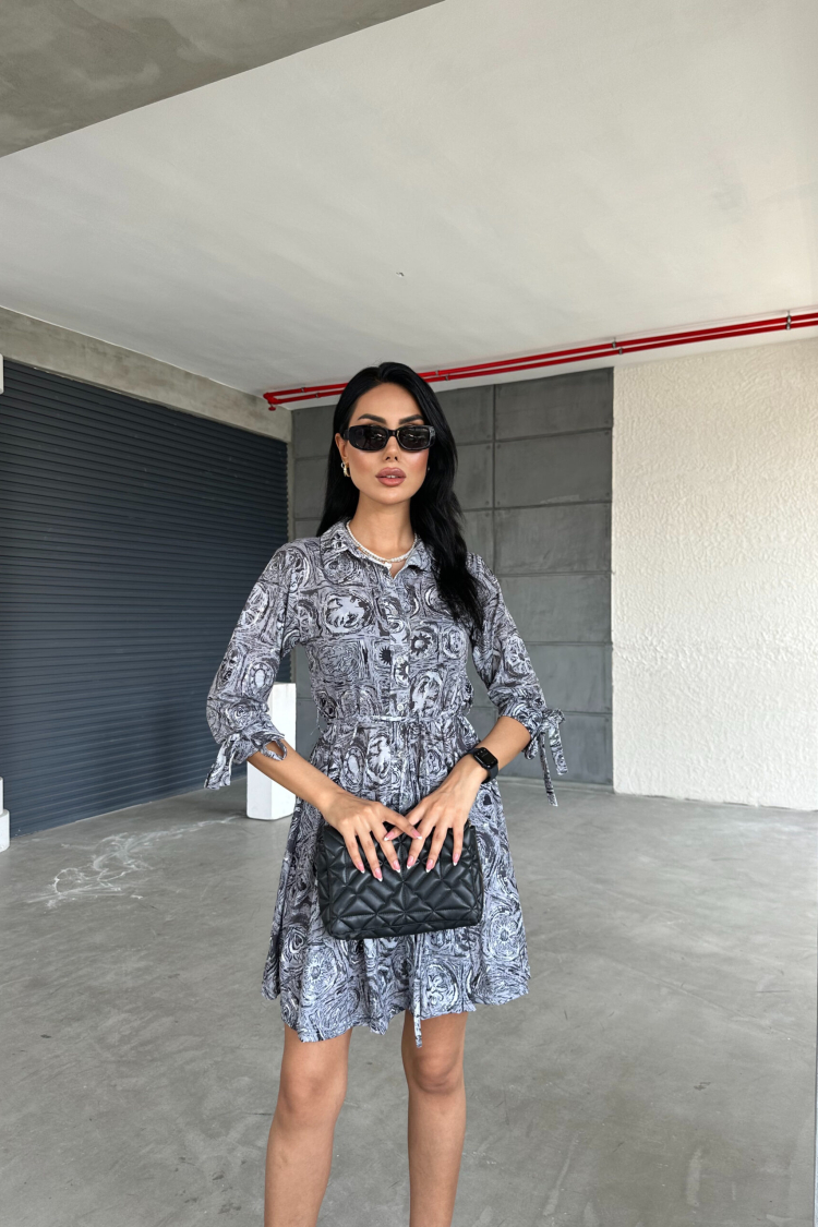 Shawl Pattern Shirt Collar Lace Detailed Buttoned Dress