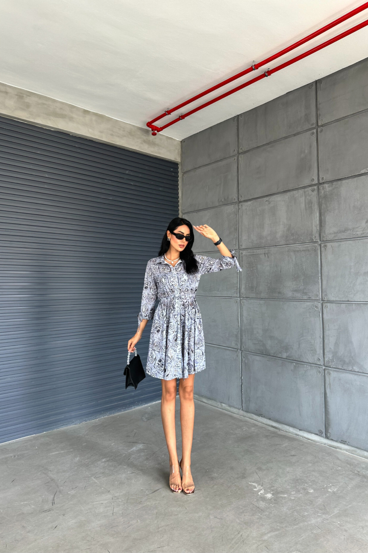 Shawl Pattern Shirt Collar Lace Detailed Buttoned Dress