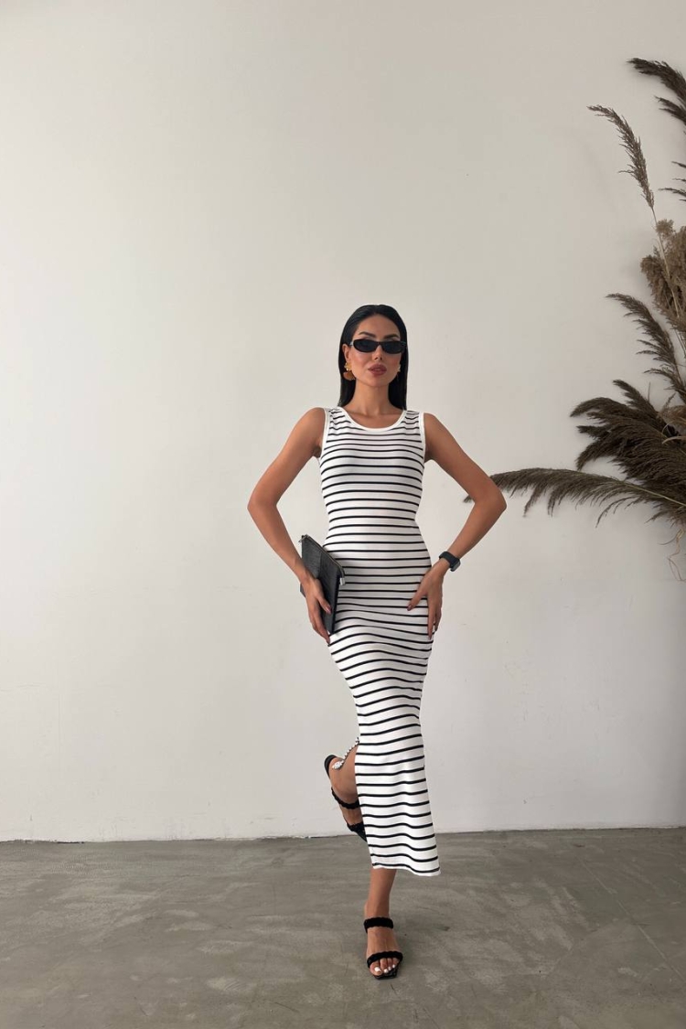 Ottoman Lycra Fabric Striped Dress - Fiori - Globality Store - Women Clothes Wholesale Turkey