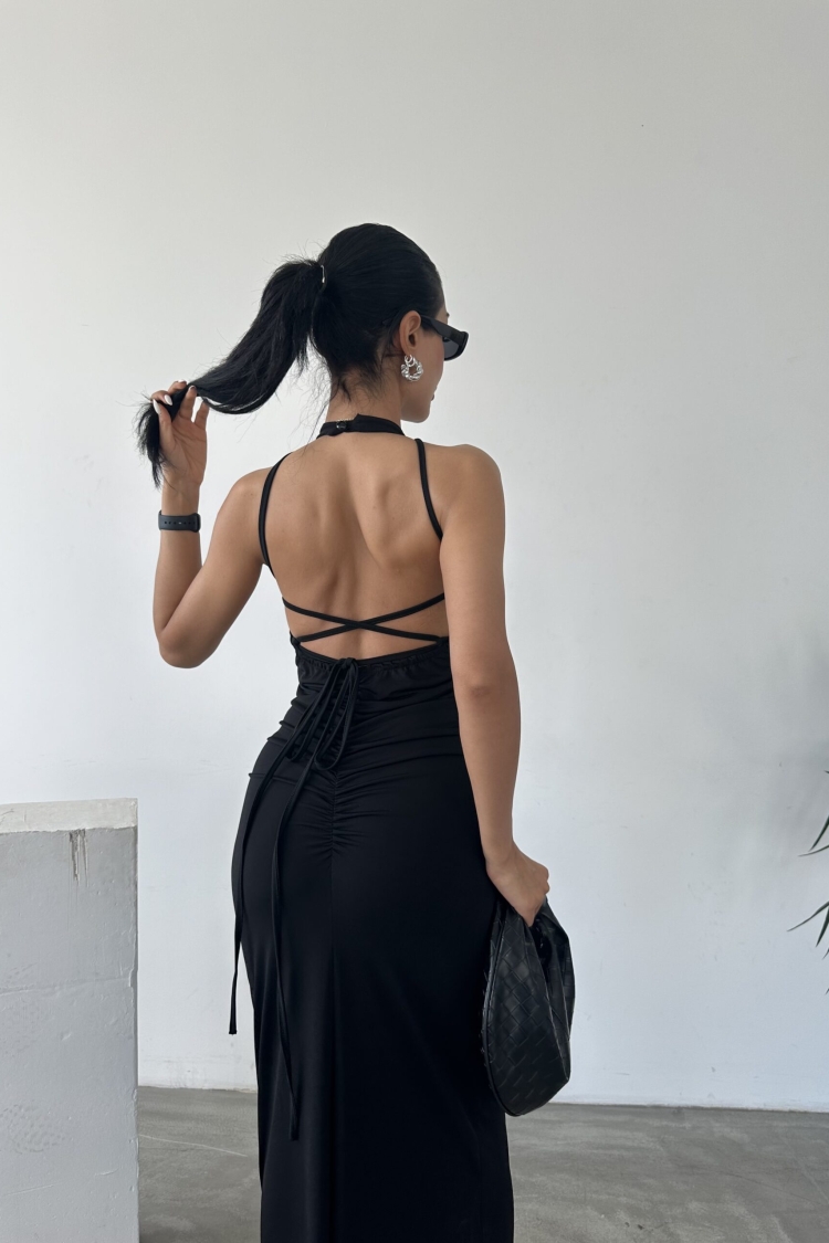 Halter Neckline Gathered Sandy Dress With Lace Detail On The Back