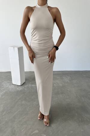 Halter Neckline Gathered Sandy Dress With Lace Detail On The Back - Fiori - Globality Store - Women Clothes Wholesale Turkey