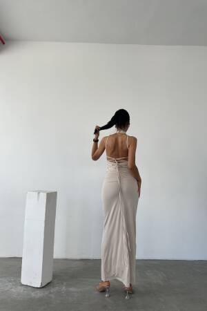 Halter Neckline Gathered Sandy Dress With Lace Detail On The Back - Fiori - Globality Store - Women Clothes Wholesale Turkey
