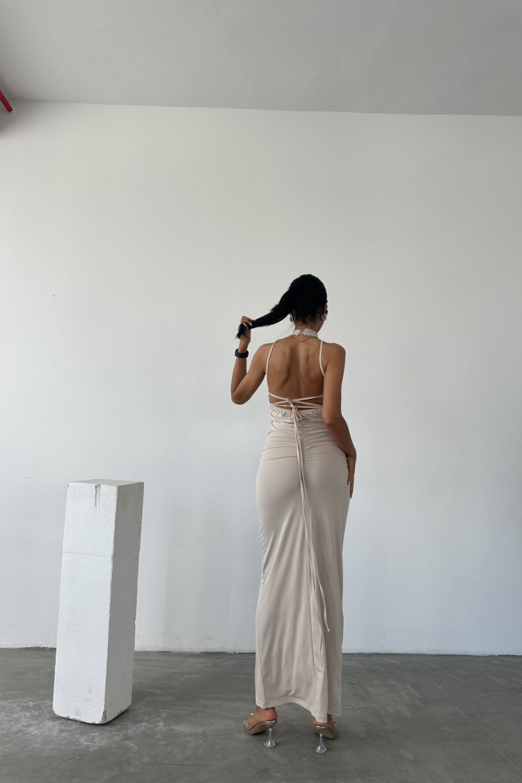 Halter Neckline Gathered Sandy Dress With Lace Detail On The Back