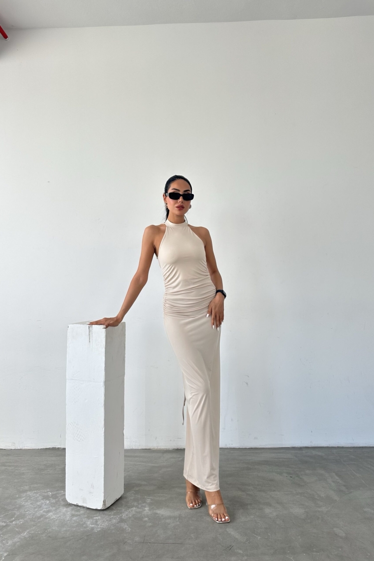 Halter Neckline Gathered Sandy Dress With Lace Detail On The Back