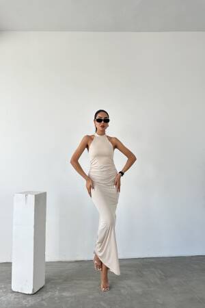 Halter Neckline Gathered Sandy Dress With Lace Detail On The Back - Fiori - Globality Store - Women Clothes Wholesale Turkey