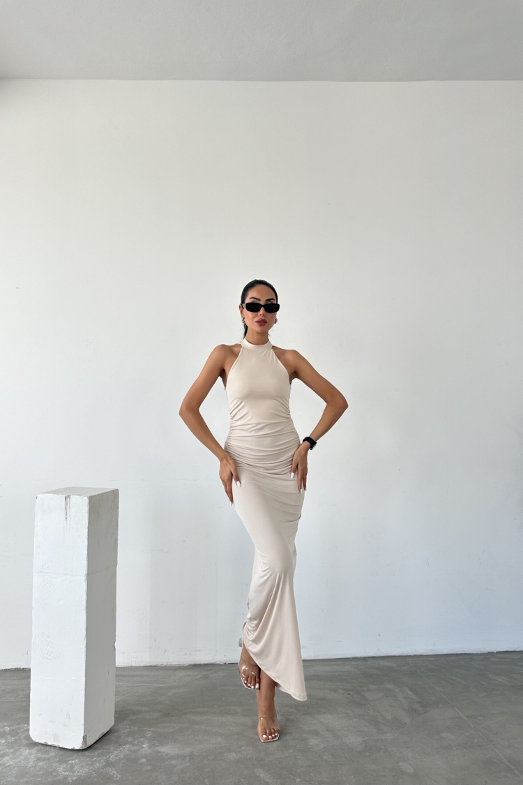Halter Neckline Gathered Sandy Dress With Lace Detail On The Back