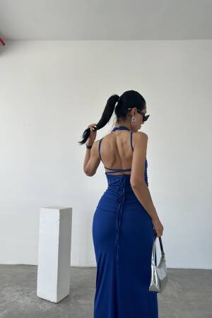 Halter Neckline Gathered Sandy Dress With Lace Detail On The Back - Fiori - Globality Store - Women Clothes Wholesale Turkey