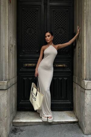 Halter NeckBackless Maxi Length Sandy Dress - Fiori - Globality Store - Women Clothes Wholesale Turkey