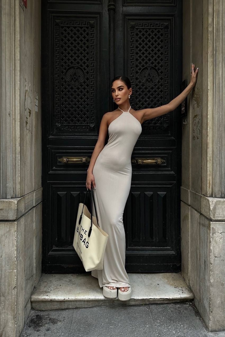 Halter NeckBackless Maxi Length Sandy Dress - Fiori - Globality Store - Women Clothes Wholesale Turkey