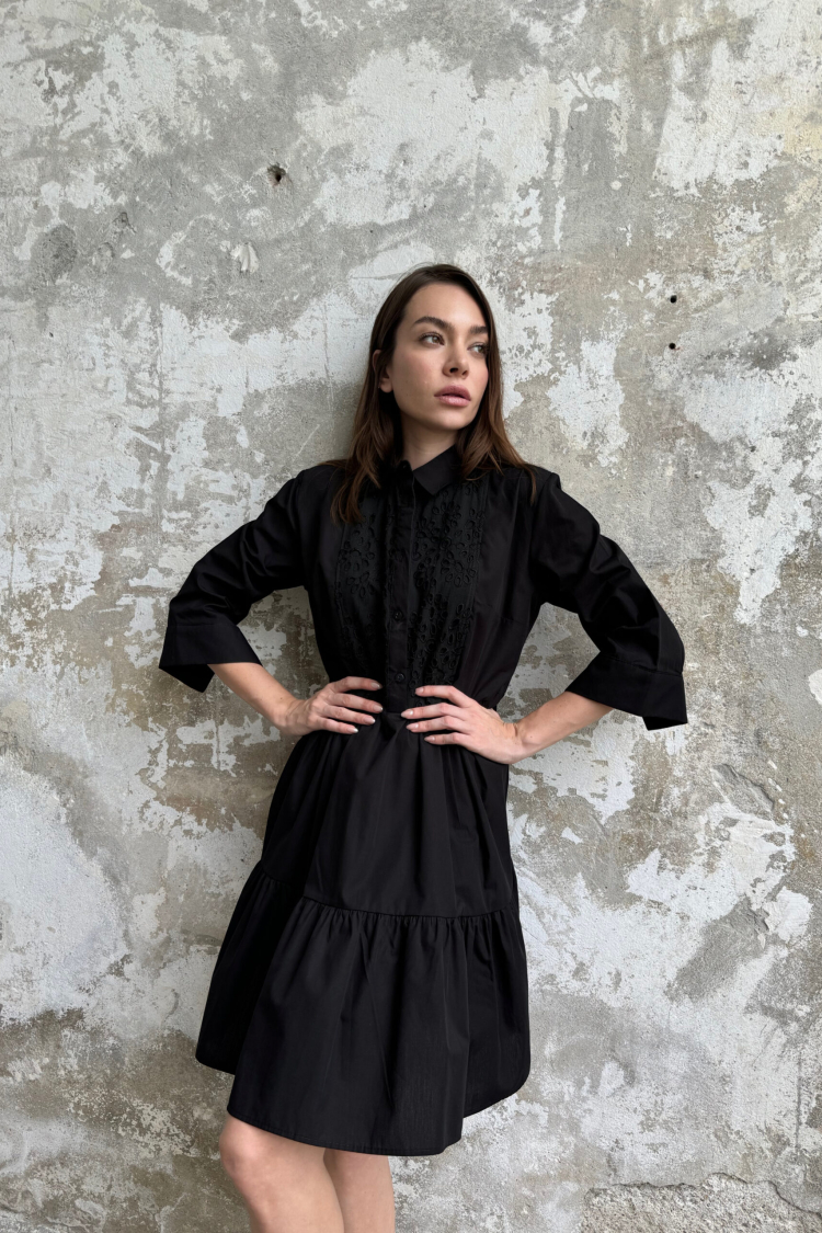 Dress With Embroidered Collar - Black - Cream Rouge - Globality Store - Women Clothes Wholesale Turkey