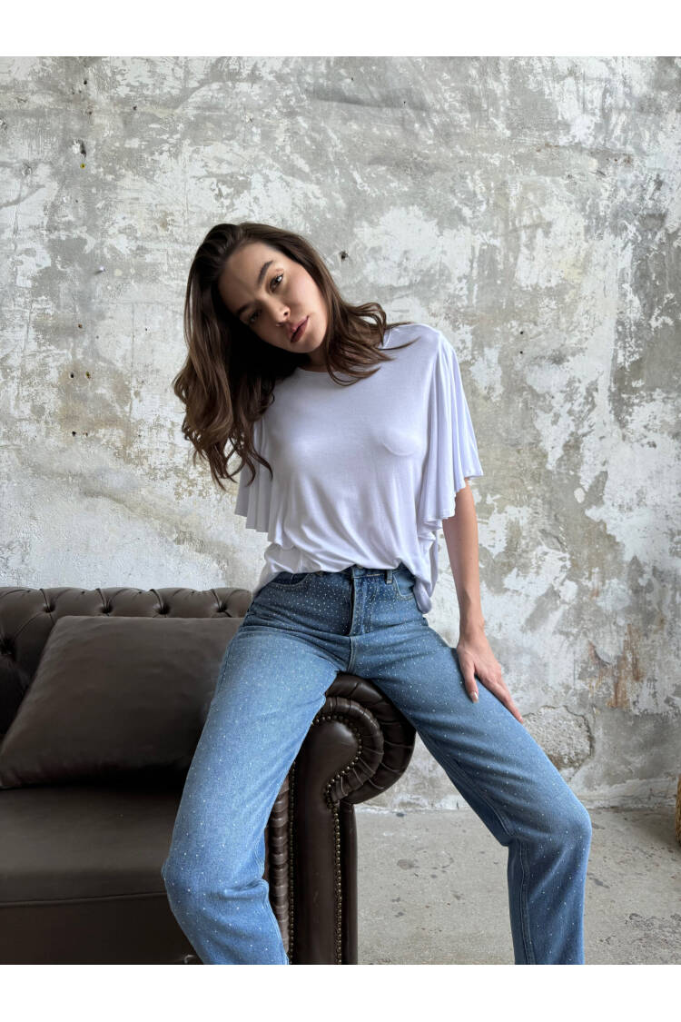 Flounced Sleeves T-Shirt - Cream Rouge - Globality Store - Women Clothes Wholesale Turkey