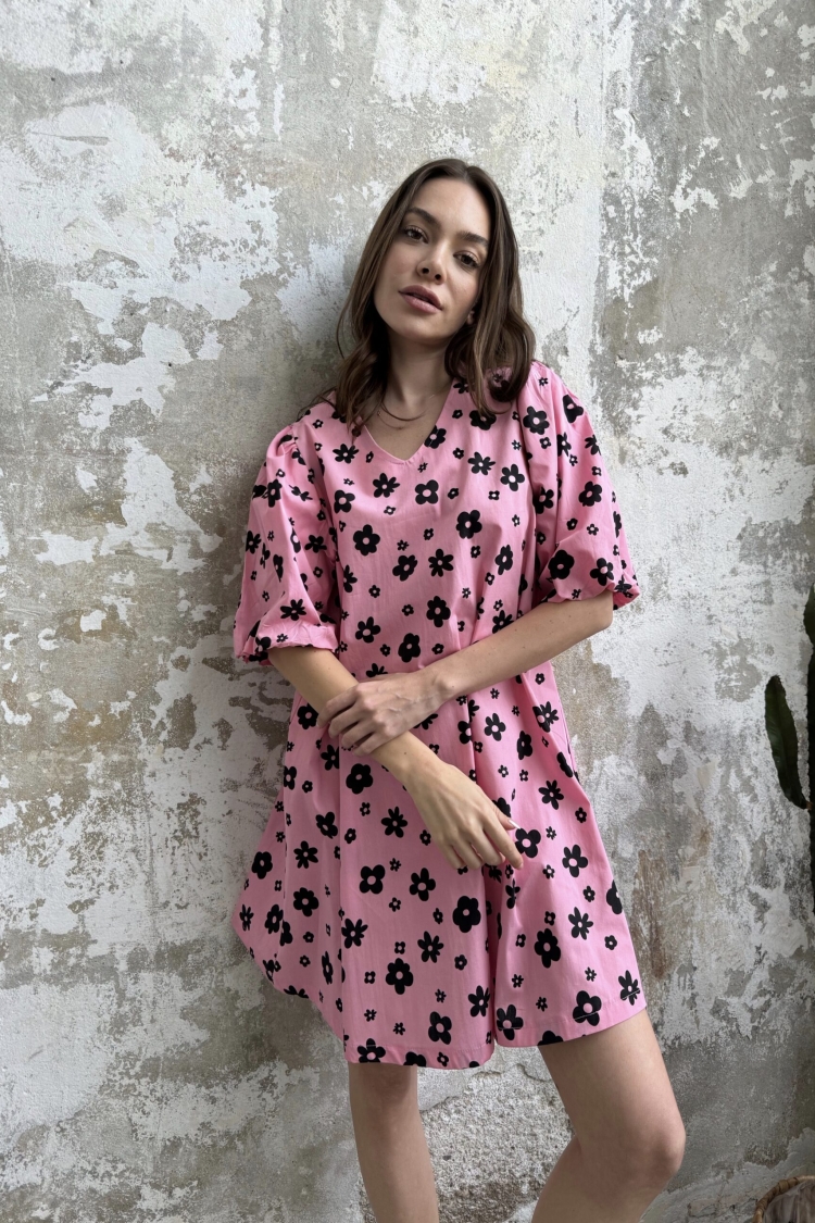 Balloon Sleeve Dress - Pink - Cream Rouge - Globality Store - Women Clothes Wholesale Turkey