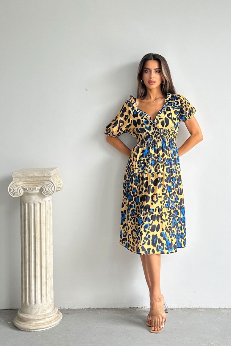 Leopard Saks Patterned Long Dress - Topshow - Globality Store - Women Clothes Wholesale Turkey