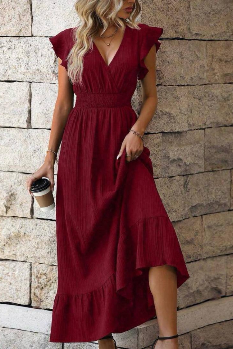 V-Neck Ruffle Sleeve Twill Fabric Dress With Gimped Front - Polo Bonetta - Globality Store - Women Clothes Wholesale Turkey