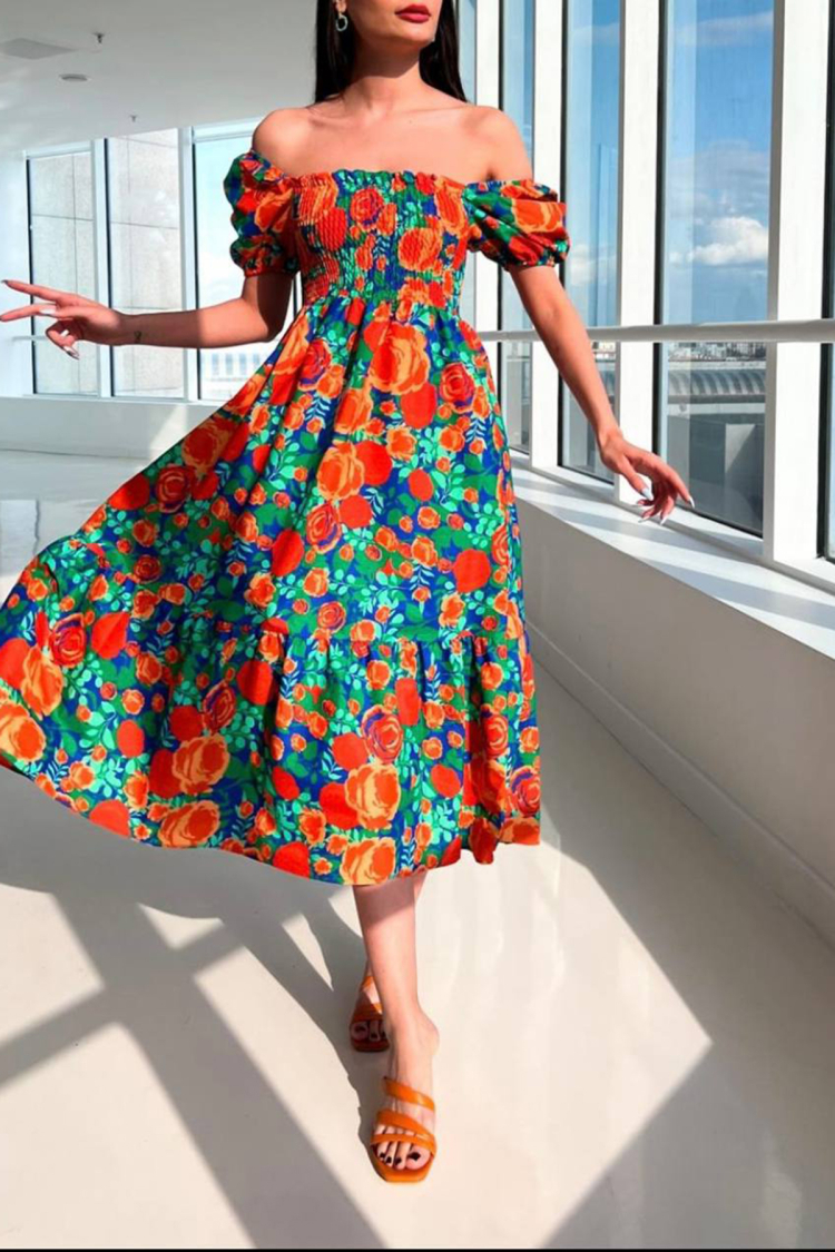 Poplin Patterned Square Neck Gype Dress - Mode Roy - Globality Store - Women Clothes Wholesale Turkey