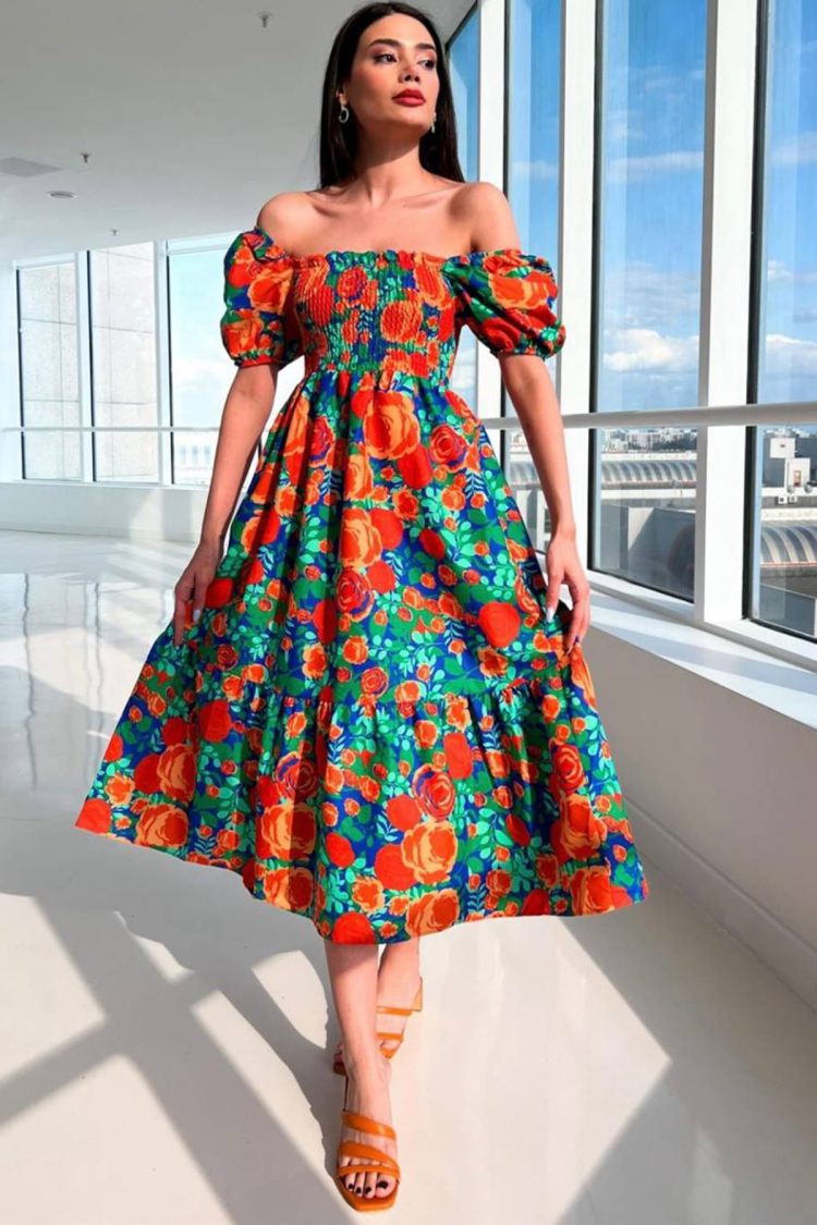 Poplin Patterned Square Neck Gype Dress