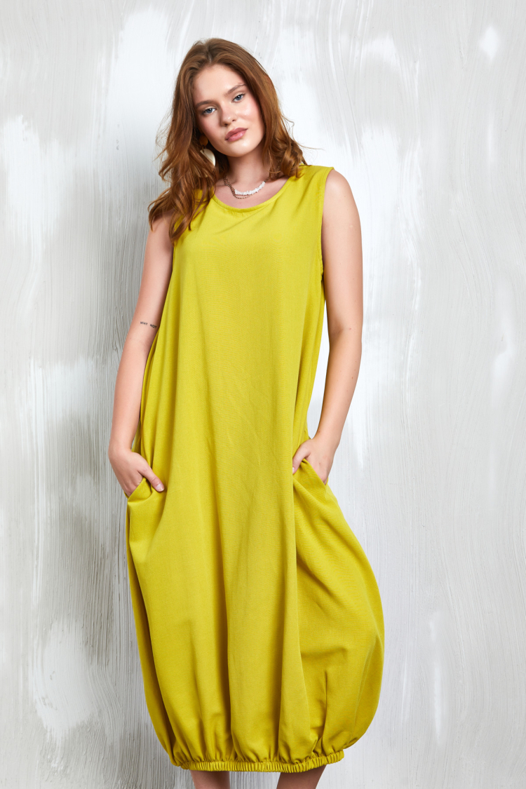 Oil Green Linen Dress With Elastic Detail 27310 - First Angels - Globality Store - Women Clothes Wholesale Turkey