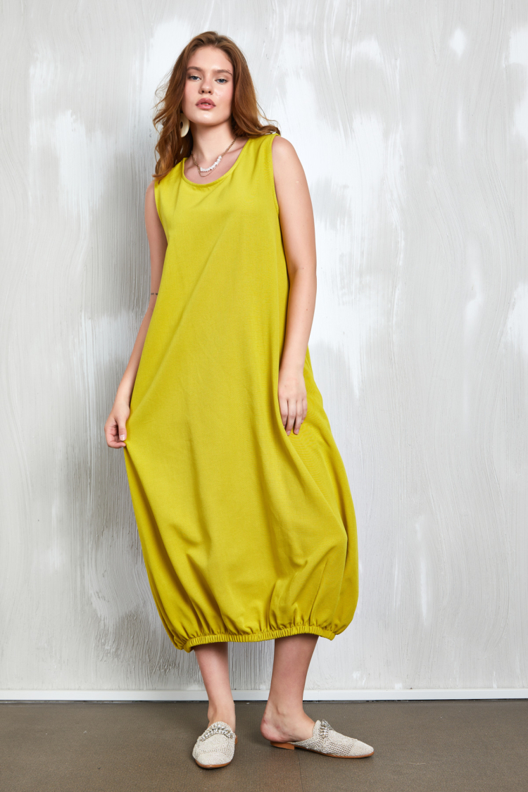 Oil Green Linen Dress With Elastic Detail 27310