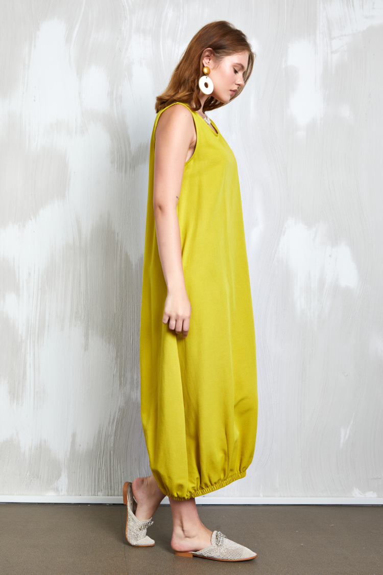 Oil Green Linen Dress With Elastic Detail 27310